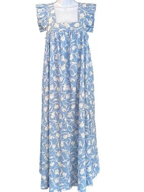 A New Day Blue and White Floral Linen Maxi Dress Size Large
